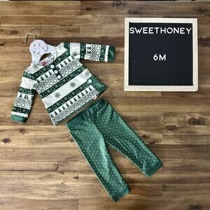 NWT SweetHoney Dreamer Pajama Set Green Cream Snowflakes Trees Polka Dots 6M